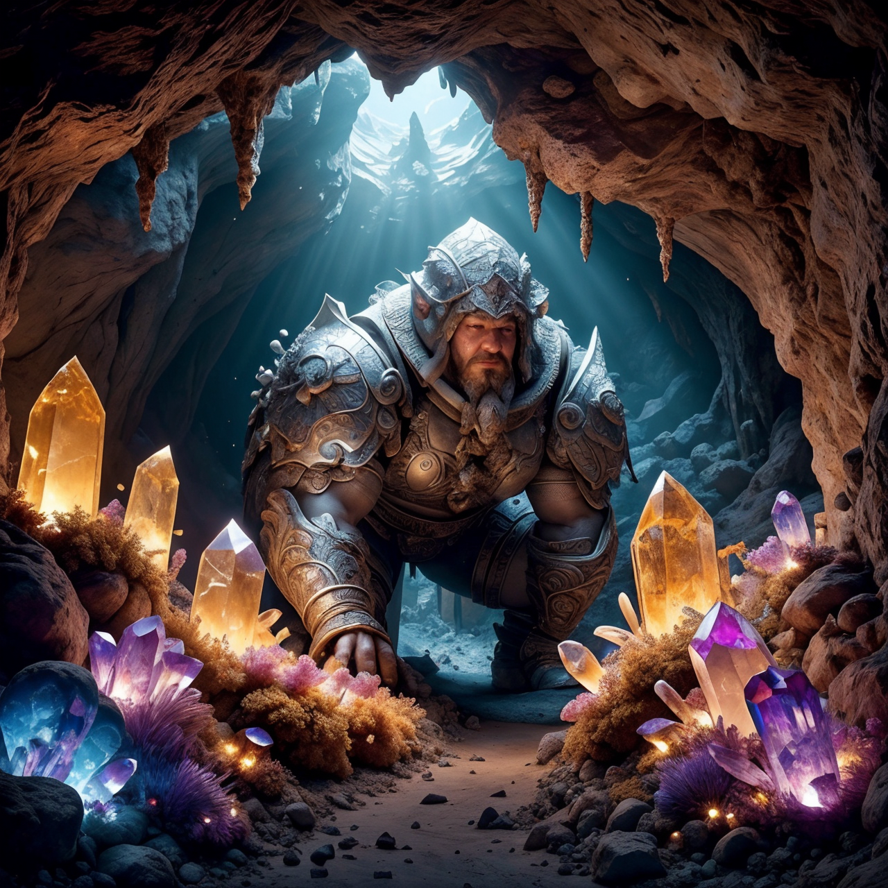RAW photo, (masterpiece:1.3), subsurface scattering, heavy shadow, (high quality:1.4), (intricate, high detail:1.2), professional photography, HDR, High Dynamic Range, realistic, ultra realistic, photorealistic, high resolution, film photography, ambient lighting, atmospheric effects, <lora:detail_slider_v4:2>, OverallDetail, <lora:CrystalCaves:0.7>, cave, cryca, crystal, gem, mushrooms, nature, rock, scenery, a dwarven miner, <lora:DwarvenArmor:0.83>, DwarAr