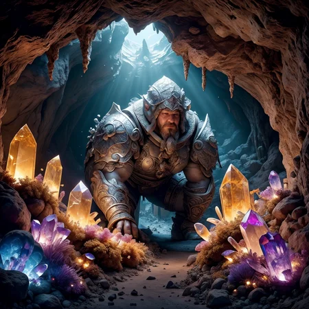 RAW photo, (masterpiece:1.3), subsurface scattering, heavy shadow, (high quality:1.4), (intricate, high detail:1.2), professional photography, HDR, High Dynamic Range, realistic, ultra realistic, photorealistic, high resolution, film photography, ambient lighting, atmospheric effects, <lora:detail_slider_v4:2>, OverallDetail, <lora:CrystalCaves:0.7>, cave, cryca, crystal, gem, mushrooms, nature, rock, scenery, a dwarven miner, <lora:DwarvenArmor:0.83>, DwarAr