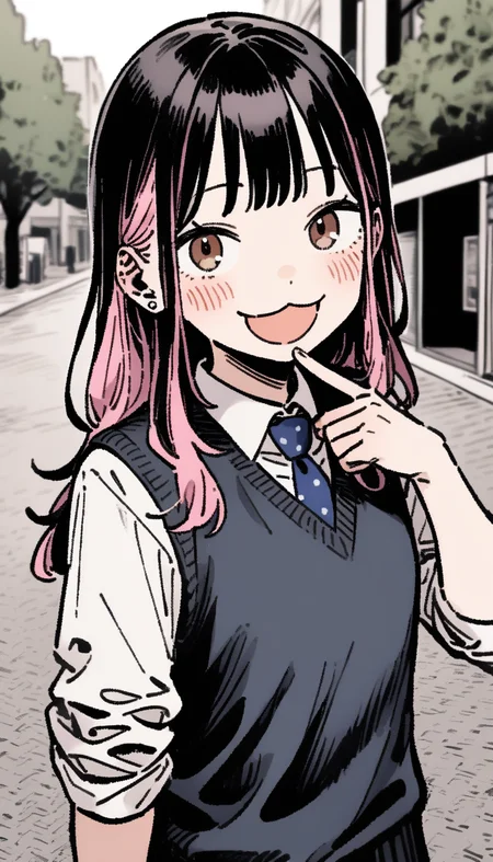 1girl, solo, standing, blush, smile,   :3, open mouth,  hand up, (pointing at self:1.2),index finger to own cheek, arm at side,  upper body, looking at viewer, 
Kashiro-san,two-tone hair,  black hair, pink hair, hair down, sidelocks, hair behind ear, long hair , brown eyes,
 stud earrings, 
RDGirlSchoolUniform, dark blue sweater vest, collared shirt,  long sleeves, sleeves pushed up, blue necktie, polka dot
newest <lora:[AnimagineXL_V3.1]Kashiro-san_RuriDragon_v.1.0:0.85> sidewalk, outdoors, <lora:Detailed_female_hands-000001:1> RDstyle, hatching \(texture\), linear hatching, screentones, masterpiece, best quality, very aesthetic, absurdres