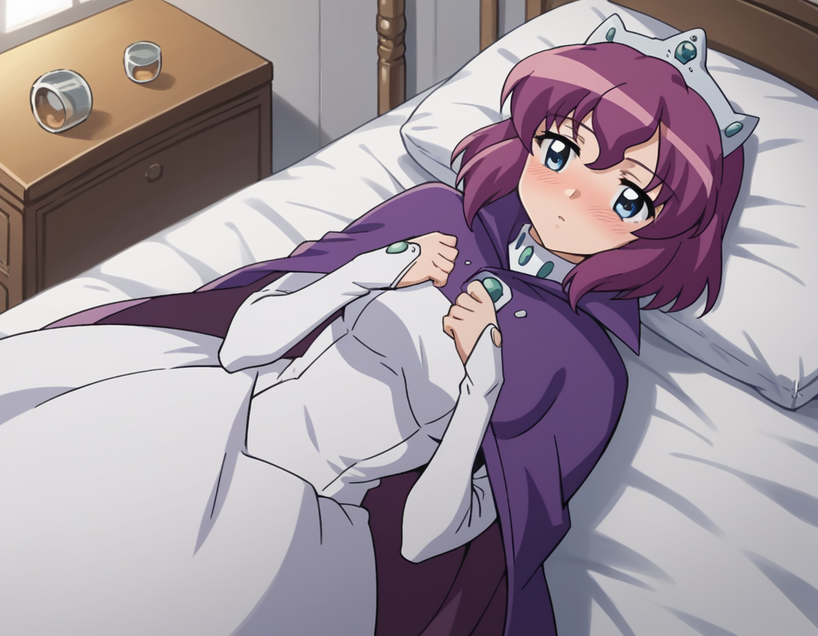 score_9, score_8_up, score_7_up, source_anime,
henriettadetristain, <lora:henrietta-de-tristain-s3-ponyxl-lora-nochekaiser:1>,
henrietta de tristain, short hair, blue eyes, purple hair,
long sleeves, hat, dress, cape, tiara, crown, purple cape, white dress, long sleeves,
indoors, bed, bed room, on side, blush, drunk,
looking at viewer, cowboy shot, solo, dutch angle