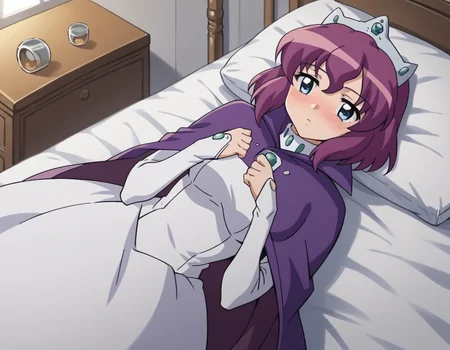 score_9, score_8_up, score_7_up, source_anime,
henriettadetristain, <lora:henrietta-de-tristain-s3-ponyxl-lora-nochekaiser:1>,
henrietta de tristain, short hair, blue eyes, purple hair,
long sleeves, hat, dress, cape, tiara, crown, purple cape, white dress, long sleeves,
indoors, bed, bed room, on side, blush, drunk,
looking at viewer, cowboy shot, solo, dutch angle