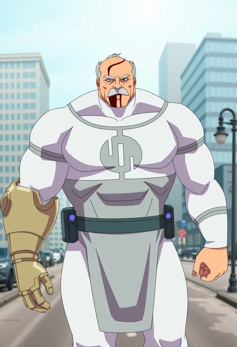 C0nq-FLUX, old muscular man with right mechanical hand, scar across his face and blind rigt eye in the style of invincible show, This image is a digital drawing in a comic book style, featuring a muscular, imposing figure of a man standing in a cityscape. The man is depicted in a white, high-tech suit that appears to be part of a superhero costume. The suit is form-fitting, with a prominent, stylized emblem on his chest, which resembles a stylized tree or leaf design.