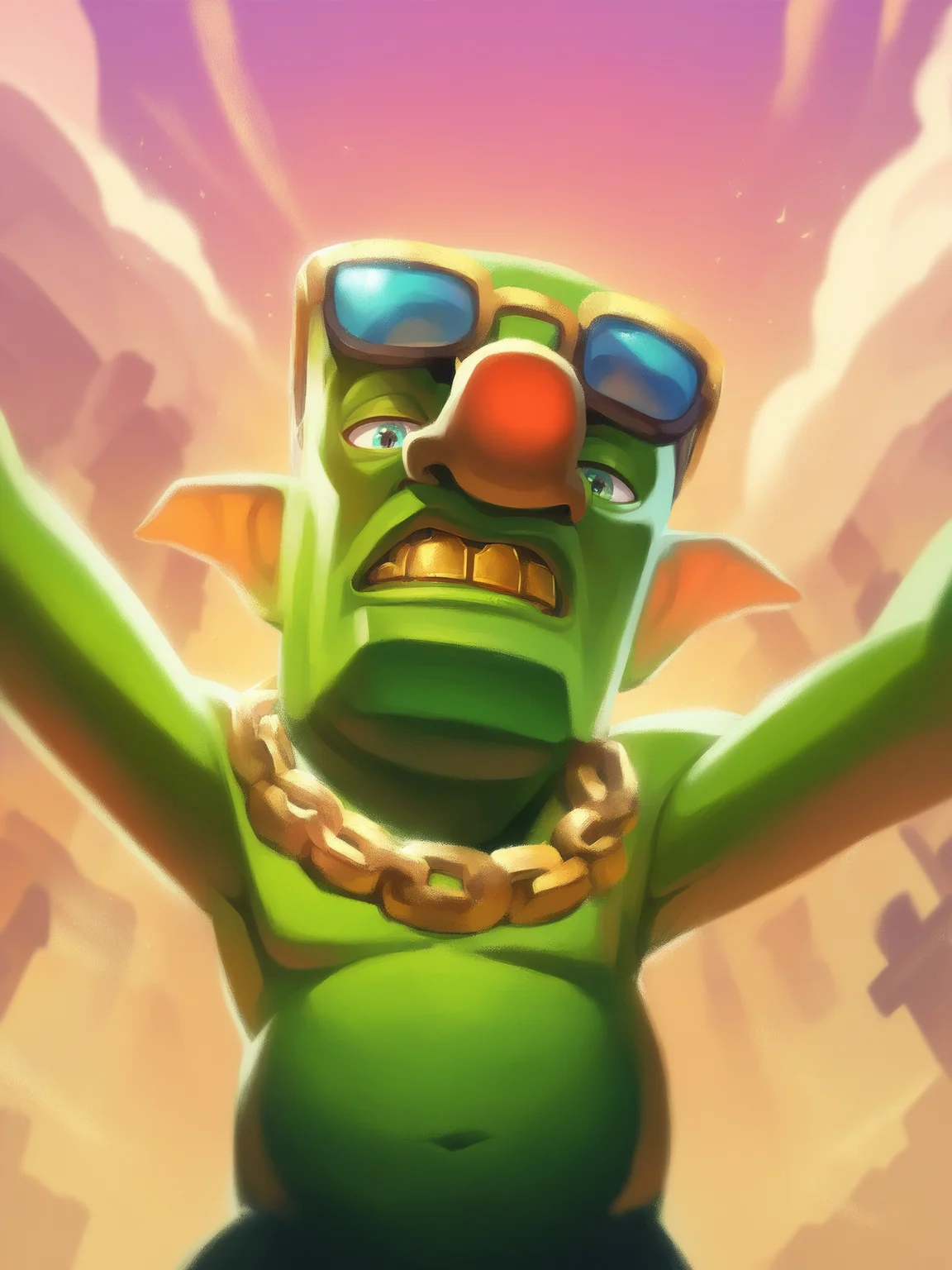 score_9, score_8_up, score_7_up, score_6_up, in clsh artstyle, digital painting, 1boy, goblin, solo, looking at viewer, green skin, pointy ears, colored skin, wearing sunglasses, jewelry, gold chain, gold tooth, grinning, teeth, arms folded, upper body, from below, <lora:Clash_Supercell_Style_LoRA-000007:1>