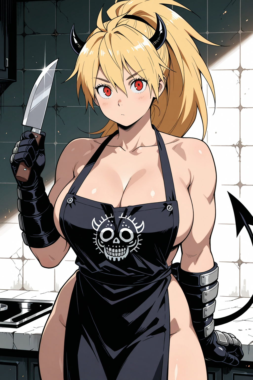 masterpiece, best quality, nikaidou \(dorohedoro\), 1girl, apron, black apron, black gloves, blonde hair, breasts, cleavage, collarbone, demon girl, demon horns, demon tail, gloves, holding, holding knife, horns, knife, large breasts, looking at viewer, nearly naked apron, ponytail, red eyes, revealing clothes, small horns, solo, tail