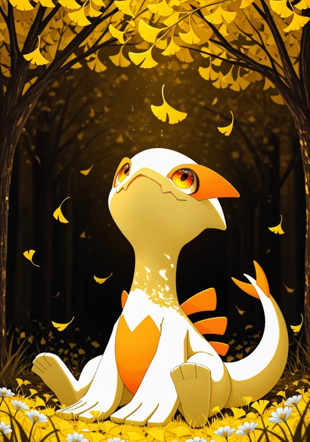 solo, no human, chibi, lugia, big eyes, sitting, three-quarter portrait, happy, looking away, orange eyes, head up, looking up, [open smile::0.1], BREAK, masterpiece, best quality, high quality, [by Ayu \(Mog\)::0.5], [:by Darkkanan:0.5], detailed background, detailed foreground, silhouette, yellow theme, dappled light, [:white flower field, grass, ginkgo tree, ginkgo leaf, water:0.15]