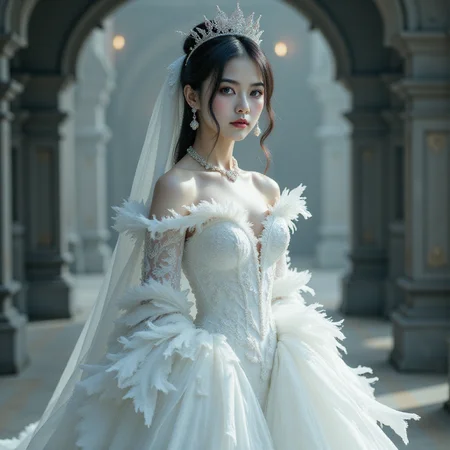 (grey_background:1.2),Zhan Yihong V4,
(A 20-year-old woman named Zhan Yihong:1.4),
A gothic,high-contrast portrait of a noblewoman standing in a surreal and ethereal setting. She is adorned in a detailed,feathered white gown that contrasts elegantly with her porcelain skin,creating a sense of purity and mystery.,
<lora:Zhan_Yihung_V4:1.7>,<lora:midjourney_whisper_flux_lora_v01:0.1>,