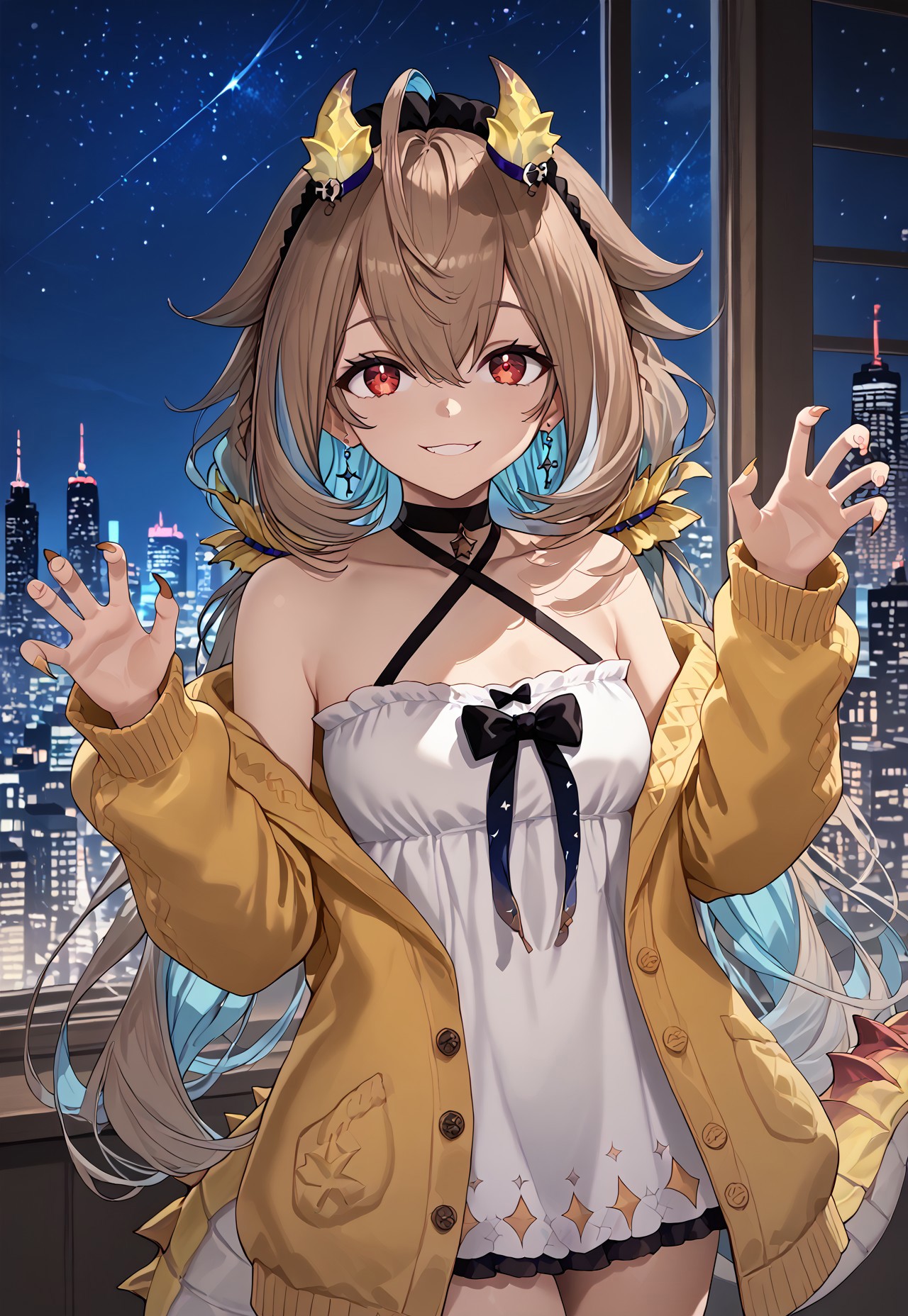 1girl, solo, solo focus, highres, absurdres, Nasa2nd, bangs, very long hair, red eyes, white dress, twintails, multicolored hair, bare shoulders, low twintails, collarbone, brown hair, black choker, halterneck, horns, tail, short dress, hair ornament, earrings, hair between eyes, leg ribbon, criss-cross halter, ahoge, black bow, claws, yellow jacket, long sleeves, hairband, blue hair, off shoulder, sleeveless dress, cardigan, colored inner hair,

looking at viewer, smile, hands up, 

window, cityscape, neon lights, shade, night, night sky, dark, backlighting,