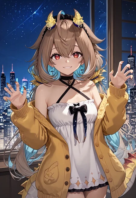 1girl, solo, solo focus, highres, absurdres, Nasa2nd, bangs, very long hair, red eyes, white dress, twintails, multicolored hair, bare shoulders, low twintails, collarbone, brown hair, black choker, halterneck, horns, tail, short dress, hair ornament, earrings, hair between eyes, leg ribbon, criss-cross halter, ahoge, black bow, claws, yellow jacket, long sleeves, hairband, blue hair, off shoulder, sleeveless dress, cardigan, colored inner hair,
looking at viewer, smile, hands up,
window, cityscape, neon lights, shade, night, night sky, dark, backlighting,