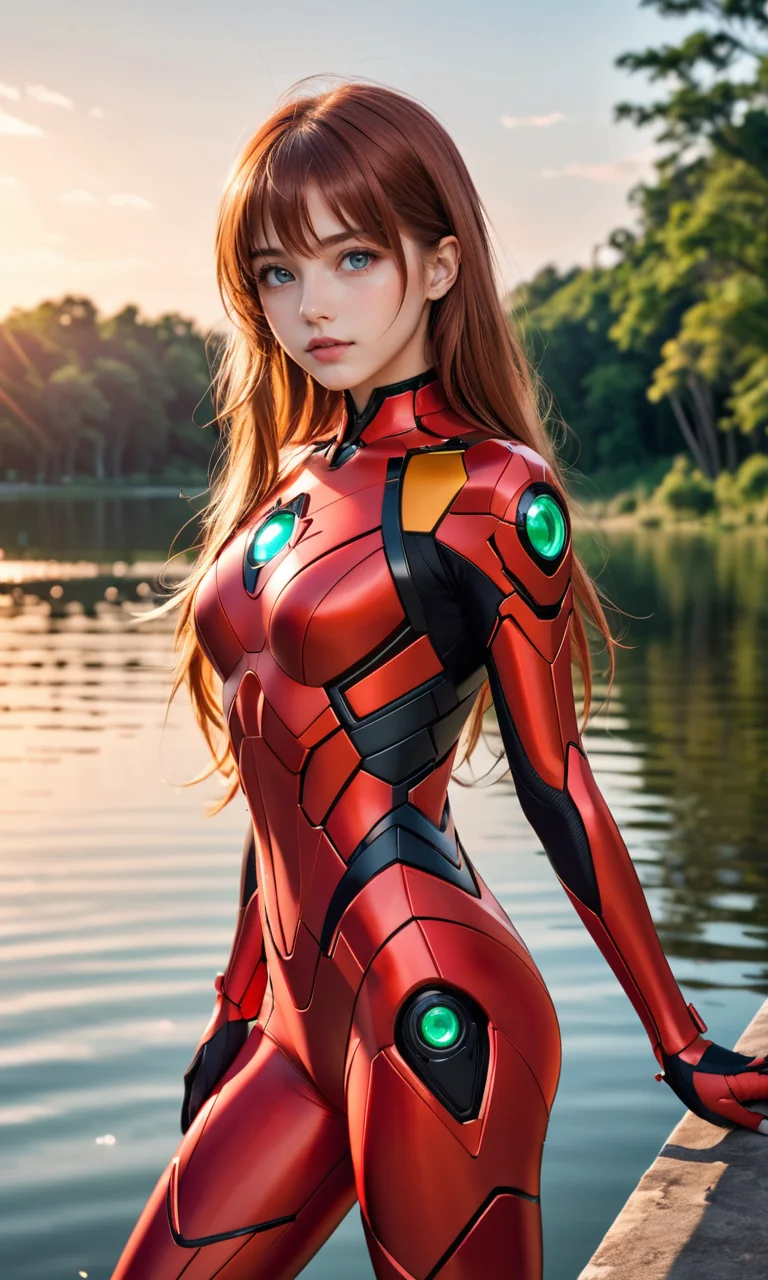 4n1v3rs3, zPDXL2, best quality, highly detailed, fashion photography, solo, skinny fashion cute italian model, ultra realistic photo, Asuka Langley cosplay, red evangelion spandex suit, softlight passing through hair, lake background, sunset, dynamic angle, parted lips, full lips, <lora:add-detail-xl:2>
