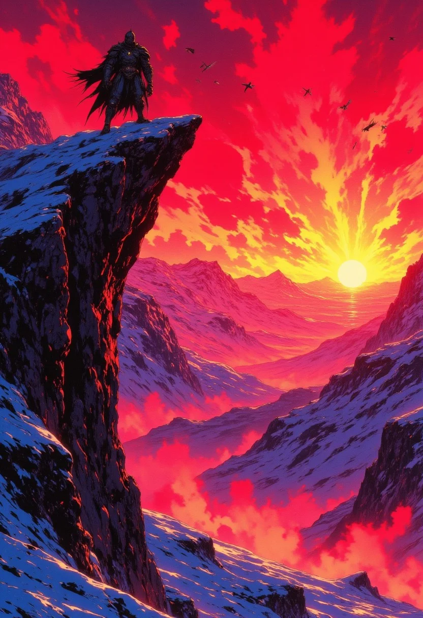 A breathtaking icy mountain scene unfolds: a rugged rocky cliff meets the dramatic sunset, where a snowstorm fiercely crashes against the rocky cliffs, The sky is set aflame with vibrant hues of magenta and red as the sun teeters above the mountains ridge, refracting through misty tendrils to create a mesmerizing display of color. Above, eagles majestically soar, their wings aglow with golden light as they glide across the crimson canvas. In the foreground, a solitary knight stands, gazing out at the enchanting horizon, their silhouette defined against the backdrop. CAICO