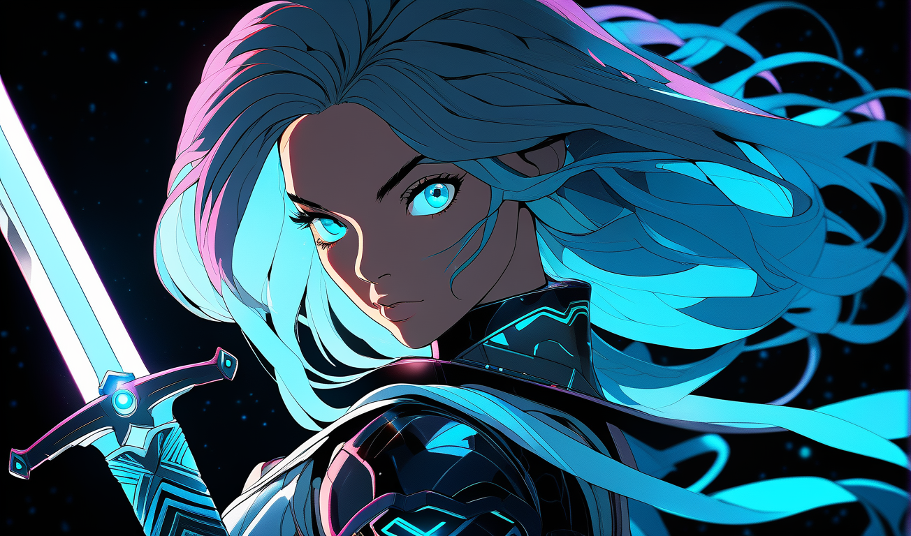 sword focus, masterpiece, best quality, 1girl, solo, futuristic, intricate sword, looking at viewer, black background, simple background, glow in the dark, sci-fi, multicolored hair, aqua eyes, warrior