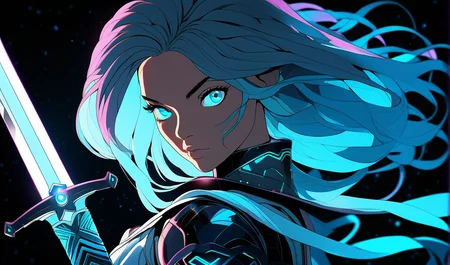 sword focus, masterpiece, best quality, 1girl, solo, futuristic, intricate sword, looking at viewer, black background, simple background, glow in the dark, sci-fi, multicolored hair, aqua eyes, warrior