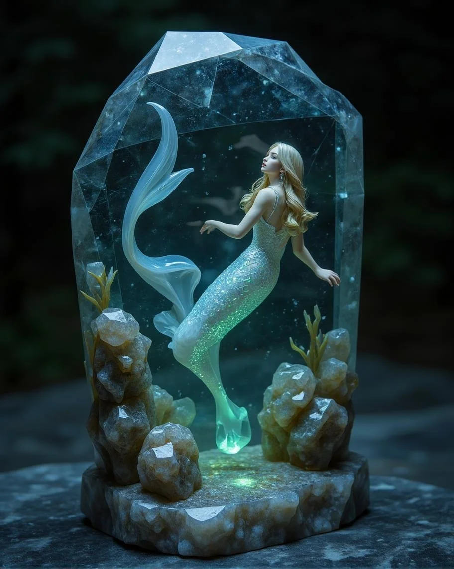<lora:ck-polygon-gems-0019.safetensors:1> a crafted gemstone model in the style of cklg featuring a
In a mystical underwater realm, a stunning sea siren swims alongside ancient rocks, her iridescent scales shimmering in the soft glow of bioluminescence. Her delicate hair flows behind her like golden silk, and her porcelain-doll complexion glows with an otherworldly light as she moves through the darkness with supernatural elegance. This mesmerizing scene is a perfect addition to any ocean-themed decor or collection, offering a tantalizing glimpse into the mystical world beneath the waves.
