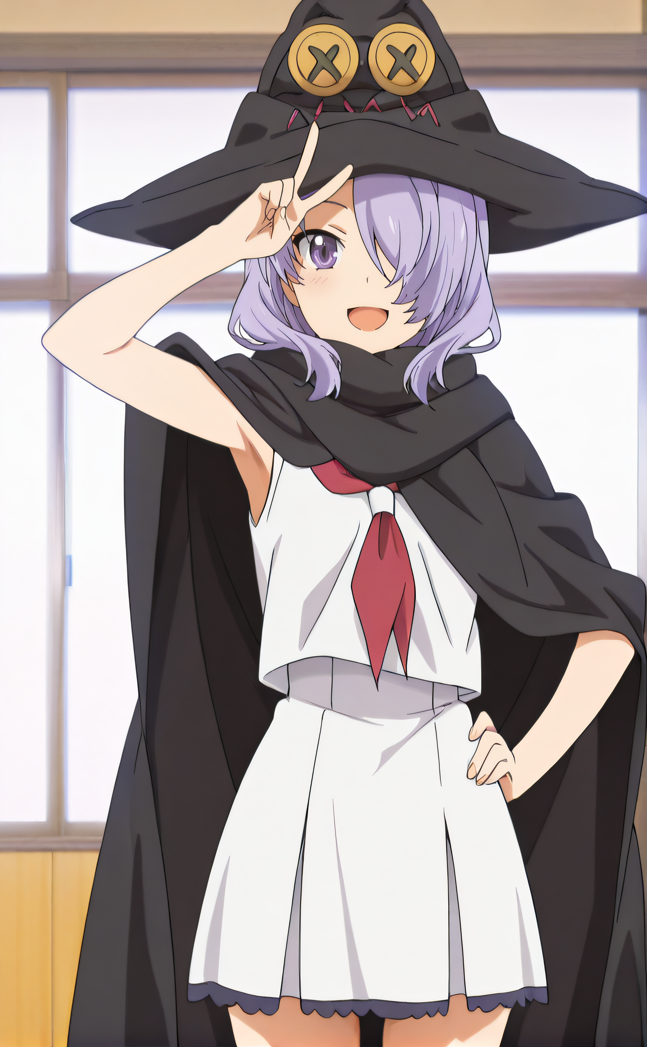 masterpiece, best quality, highres, newest, 1girl, solo, official style, anime screencap, <lora:Nanako:1>, nanako, purple hair, hair over one eye, purple eye, black hat, white school uniform, black cloak, looking at viewer, smile, indoor, cowboy shot, open mouth, armpit, peace sign, hand over head, hand on hip