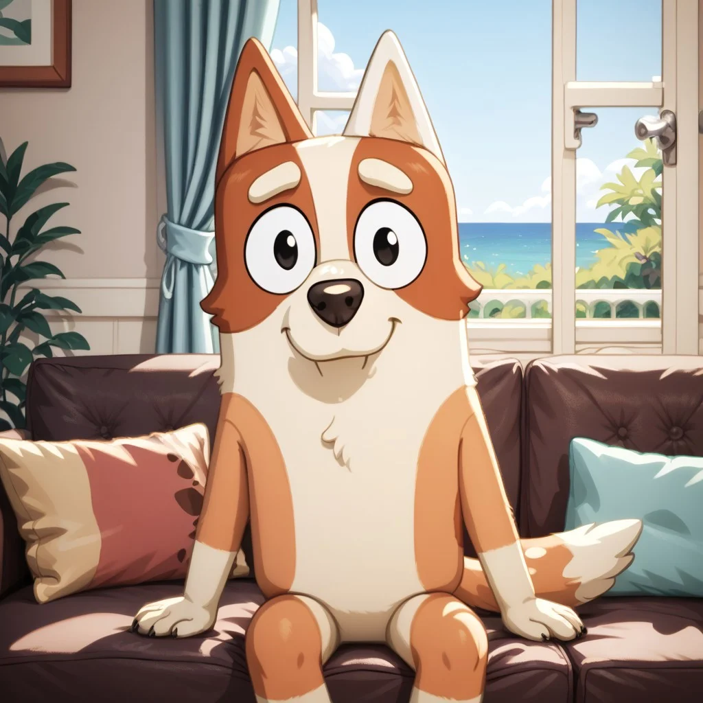 score_9, score_8_up, score_7_up, score_6_up, score_5_up, score_4_up, bluey style, masterpiece, high quality, realistic, detailed, best quality, white bed, solo, rating_safe, source_furry, bedroom, couch, smile, smiling, (looking at viewer), good_hands, sitting on couch, brandy_bluey, dog, canine, brown fur, white fur, two-toned fur, white left ear, tail, female, 1girl, black eyes, anthro
