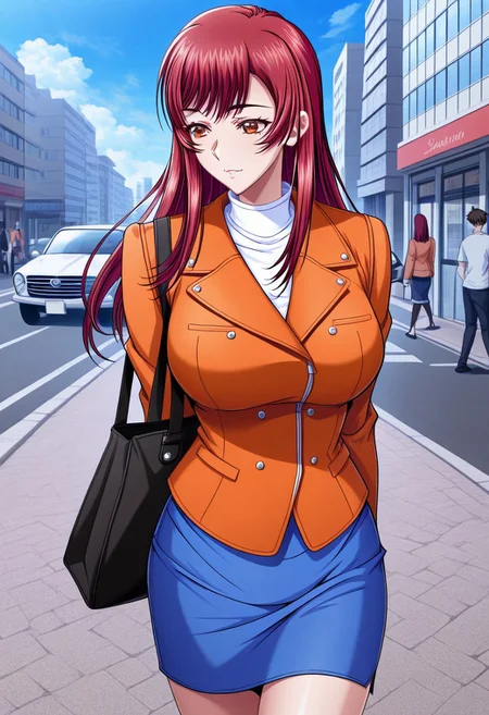 masterpiece, best quality, newest, highres, uncensored, 1girl, yokota mamoru style,1girl,
Aiba Sakura,Long Hair, Red Hair, Red Eyes,Slim
skirt, 1girl, jacket, bag, outdoors, long hair, blue skirt, city, walking, day, building, sky, solo focus, looking to the side, brown eyes, pencil skirt, white shirt, shirt, orange jacket, blue sky, street, motor vehicle, road, ground vehicle, orange eyes, car, breasts