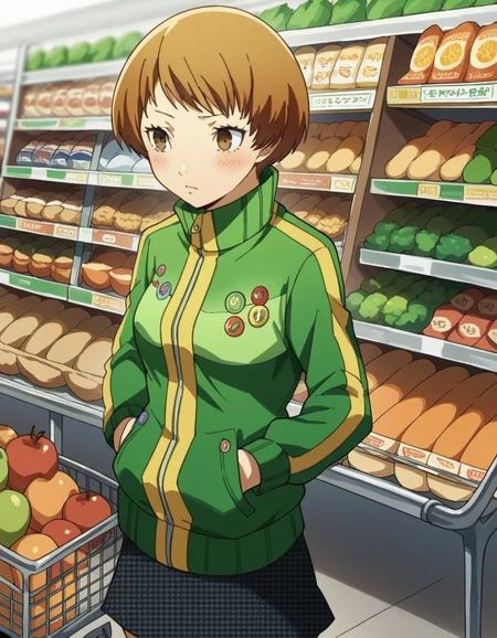 score_9, score_8_up, score_7_up, source_anime, <lora:chie-satonaka-s1-ponyxl-lora-nochekaiser:1>, chie satonaka, short hair, brown hair, brown eyes, medium breasts,, skirt, jacket, shoes, socks, track jacket, badge, button badge, smiley face, green jacket,, grocery store, shopping cart, picking fruits, everyday life, , , , hands on stomach, blush,, solo,, cowboy shot, dutch angle
