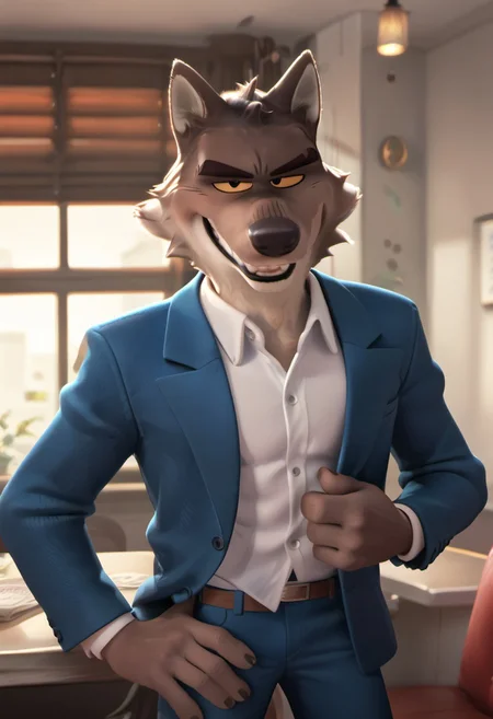 score_9_up, score_8_up, score_7_up, high quality, detailed, male, solo male, MrWolf, 1boy, mature male, anthro, wolf, grayish brown body, black eyes, yellow sclera, colored sclera, animal ears, broad shoulders, athletic build, light underbelly, thick eyebrows, standing, half body, indoors, looking at viewer, smiling, half lidded eyes, white shirt, blue suit, one hand on hip, suave, volumetric lighting, masterpiece