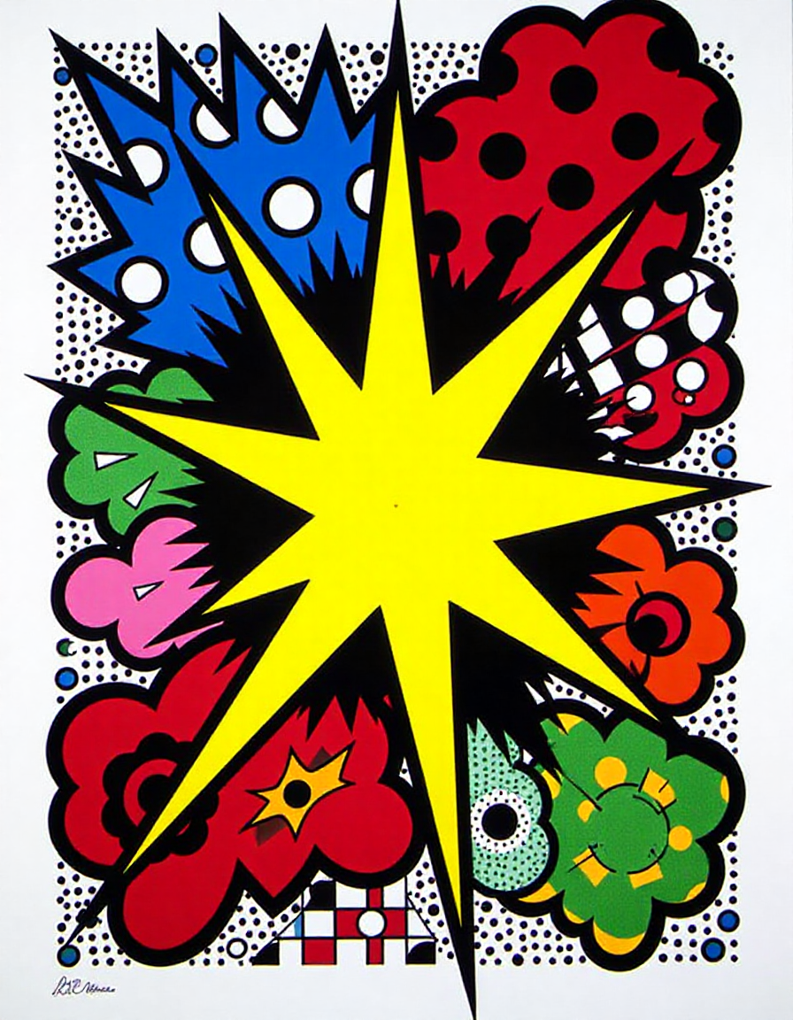 p0p_r0y, roy lichtenstein art, This image is a vibrant, colorful drawing in a pop art style, reminiscent of comic book artwork. The central focus is a bright yellow starburst shape, resembling a burst of light or energy, with its rays radiating outward. Surrounding the starburst are numerous colorful, abstract shapes in various sizes and orientations. These shapes are filled with bold, contrasting colors and patterns.
The top left quadrant features a large, bright blue shape with white polka dots, while the top right quadrant contains a red shape with black polka dots. The bottom left quadrant has a pink shape with black polka dots, and the bottom right quadrant has a green shape with black polka dots. The background of the image is a solid black, emphasizing the bright, vivid colors of the shapes.
Each shape is outlined in thick, black lines, giving a comic book or pop art feel. The texture of the image is smooth, with a flat finish typical of digital art. The overall style is playful and energetic, with a strong emphasis on bright, contrasting colors and bold, geometric shapes. The image is visually striking and engaging, typical of pop art and comic book art styles.