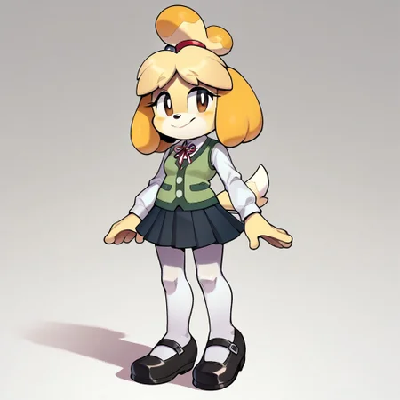 score_9, score_8_up, score_7_up, 1girl, <lora:Perfect Hands:1> Perfect Hands, evnstnly, solo, petite, isabelle \(animal crossing\), Furry female, school uniform, vest, white shirt, tucked in shirt, skirt, pleated skirt, long sleeves, white tights, ribbed tights, black shoes, mary janes, smiling, standing, arms at sides,