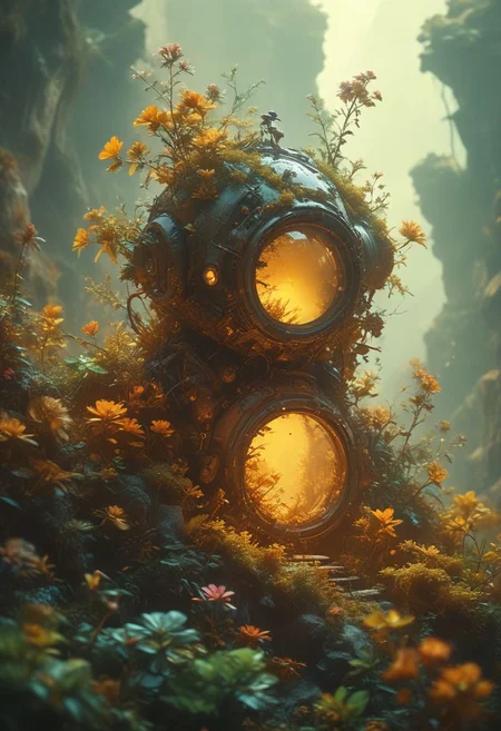 Stunning sci-fi fantasy landscape replete with flora. Wonderous and full of enchanting mysteries. Hyperrealistic, sharp focus, mixed media, dramatic lighting, ultra-detailed, ray-traced, award-winning, light leaks, high contrast, warm colors, color graded, zavy-rmlght, chiaroscuro, fluorescence, artialien