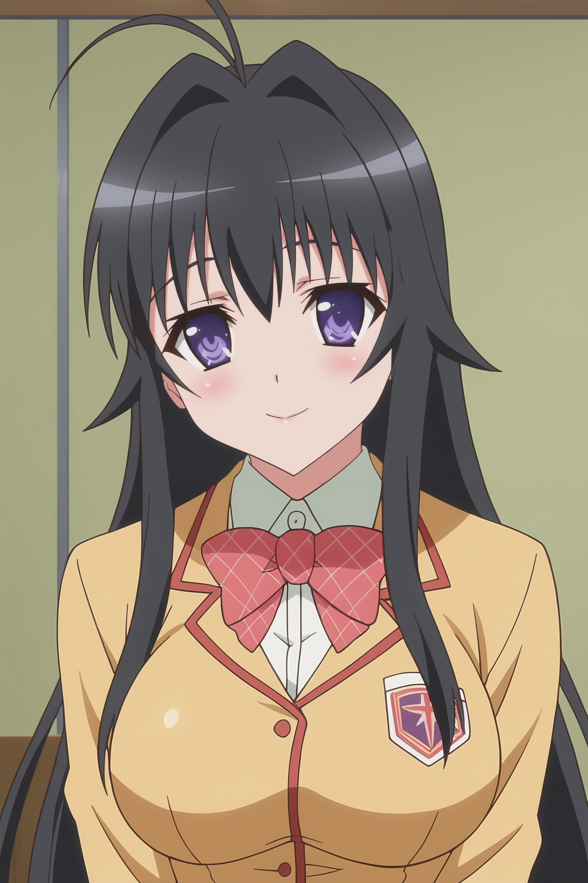 score_9, score_8_up, score_7_up, source anime, prefect lighting, very aesthetic, BREAK, anime coloring, anime screencap,
 <lora:minamoto_chizuru_v1-pdv6:1>, 1girl, minamoto chizuru, kanokon, purple eyes, black hair, long hair, large breasts,
school uniform, long sleeves,  bow,
BREAK, light smile, blush, looking at viewer, upper body,
BREAK,