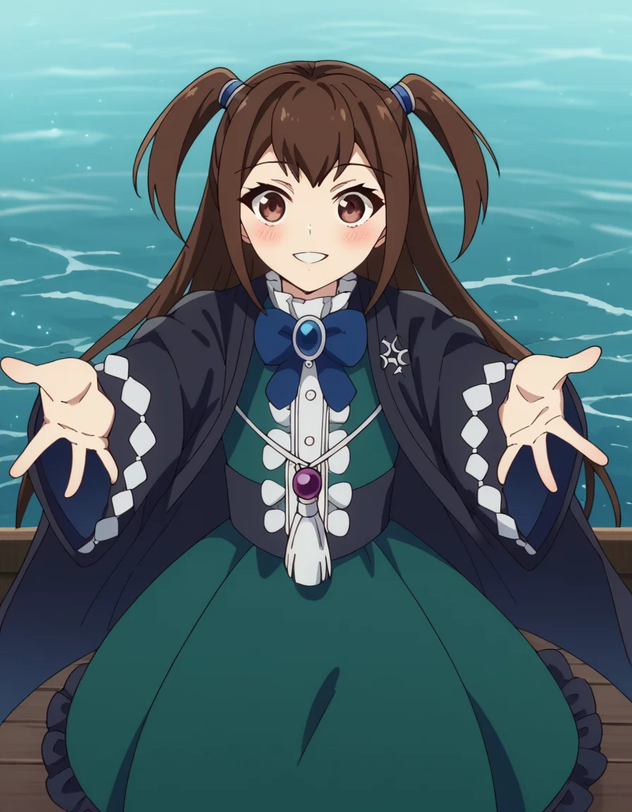 score_9, score_8_up, score_7_up, source_anime, <lora:kizuna-kazayama-s2-ponyxl-lora-nochekaiser:1>, kizuna kazayama, long hair, brown hair, brown eyes, two side up,, long sleeves, dress, bow, frills, wide sleeves, bowtie, cape, blue bow, brooch, green dress, black cape,, harbor, boats, water, dock, trade, smile, <lora:incoming-hug-ponyxl-lora-nochekaiser:1>, incoming hug, looking at viewer, reaching, reacing towards viewer, outstretched arms,, bedroom, smile, blush, parted lips, looking at viewer, solo,, dutch angle, cowboy shot
