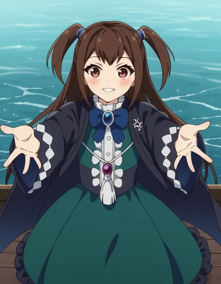 score_9, score_8_up, score_7_up, source_anime, <lora:kizuna-kazayama-s2-ponyxl-lora-nochekaiser:1>, kizuna kazayama, long hair, brown hair, brown eyes, two side up,, long sleeves, dress, bow, frills, wide sleeves, bowtie, cape, blue bow, brooch, green dress, black cape,, harbor, boats, water, dock, trade, smile, <lora:incoming-hug-ponyxl-lora-nochekaiser:1>, incoming hug, looking at viewer, reaching, reacing towards viewer, outstretched arms,, bedroom, smile, blush, parted lips, looking at viewer, solo,, dutch angle, cowboy shot
