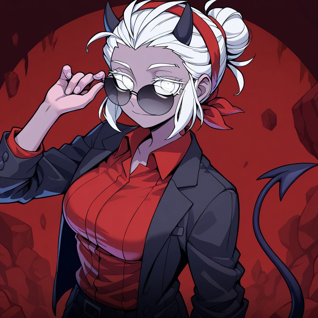 masterpiece, best quality, newest, absurdres, highres, NeoAV1.0,  ultraviolet light, 1girl, justice (helltaker), white hair, short hair, hairbun, black horns, demon girl, demon tail, eyes visible through eyewear, black jacket, open jacket, red shirt, sunglasses, tail, red hairband, blind, blind eyes, white eyes,