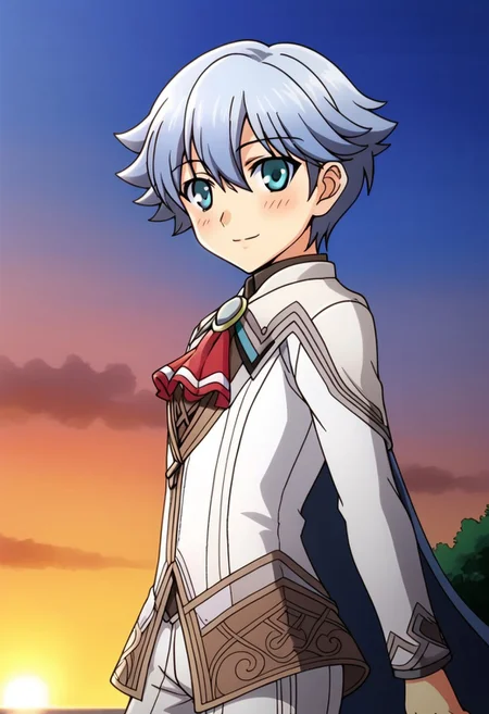 azel, blue hair, gradient hair, short hair, blue eyes, looking at viewer, blush, gentle smile, wedding_attire, formal, blue cape, white jacket, long sleeves, red ascot, white pants, solo, side view, sunset, blue sky