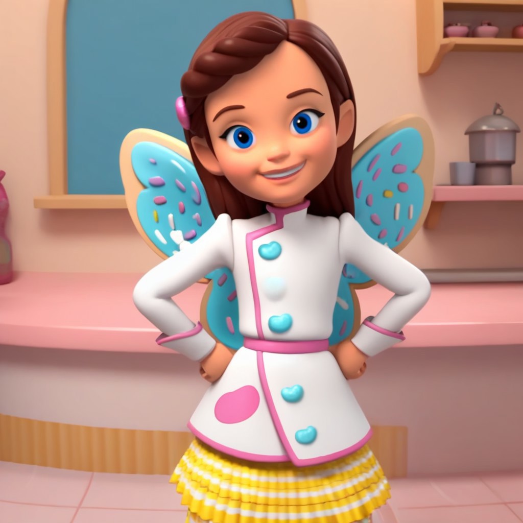 score_9, break, bb_cf, brown hair, blue eyes, wings, chef coat, skirt, hands on hips, looking at viewer, head tilt, smile