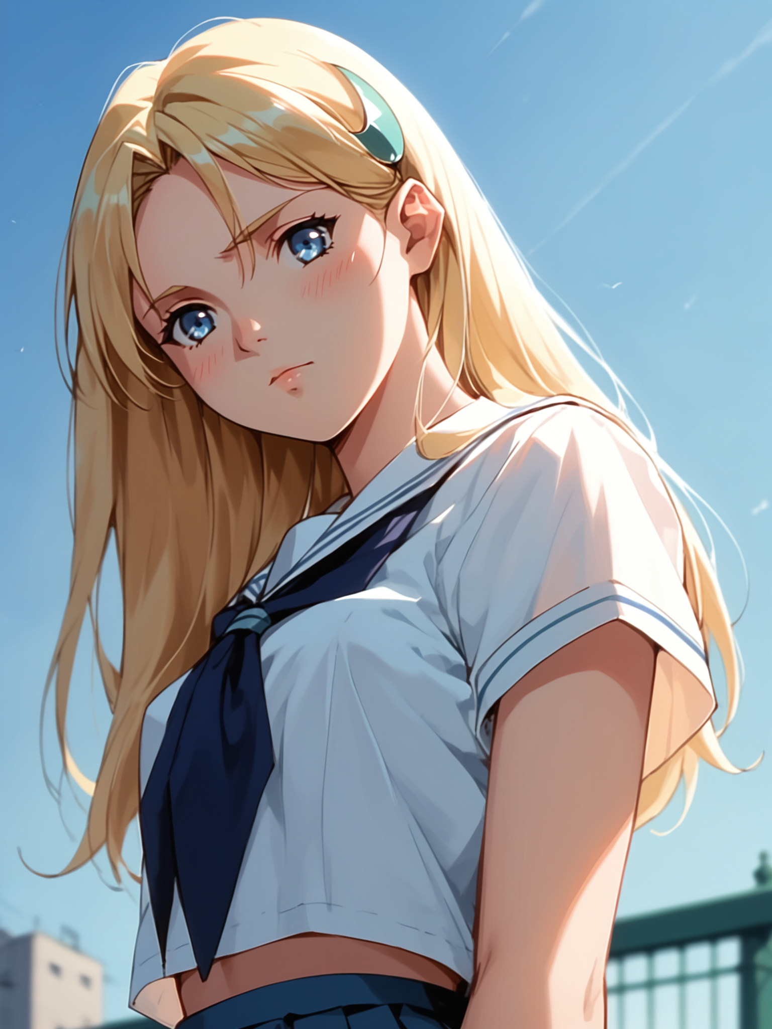 <lora:happy_tentacle-sharon-v0.3-000010:0.9>, ht_sharon, crescent hair ornament, school, rooftop, outdoors, fence, school uniform , blue eyes , cowboy shot, 1girl, (petite:1.2), solo focus, shy, blush, (looking at viewer:1.1), backlighting, (depth of field:0.8), (from below:0.8), [(realistic, photorealistic:1.2):(realistic:1.3):22], [(3d:1.2)::10], <lora:LUUNA's Lunas-NijiJourney-SDXL-B2:0.5>, nijijourney, <lora:prgfrg23's Counterfeit-V3.0 Style SDXL_LoRA_Pony Diffusion V6 XL:0.35> <lora:Shed_The_Skin's StS_age_slider_v1_initial_release:-1>, score_9, score_8_up, score_7_up, score_6_up, score_5_up, score_4_up,