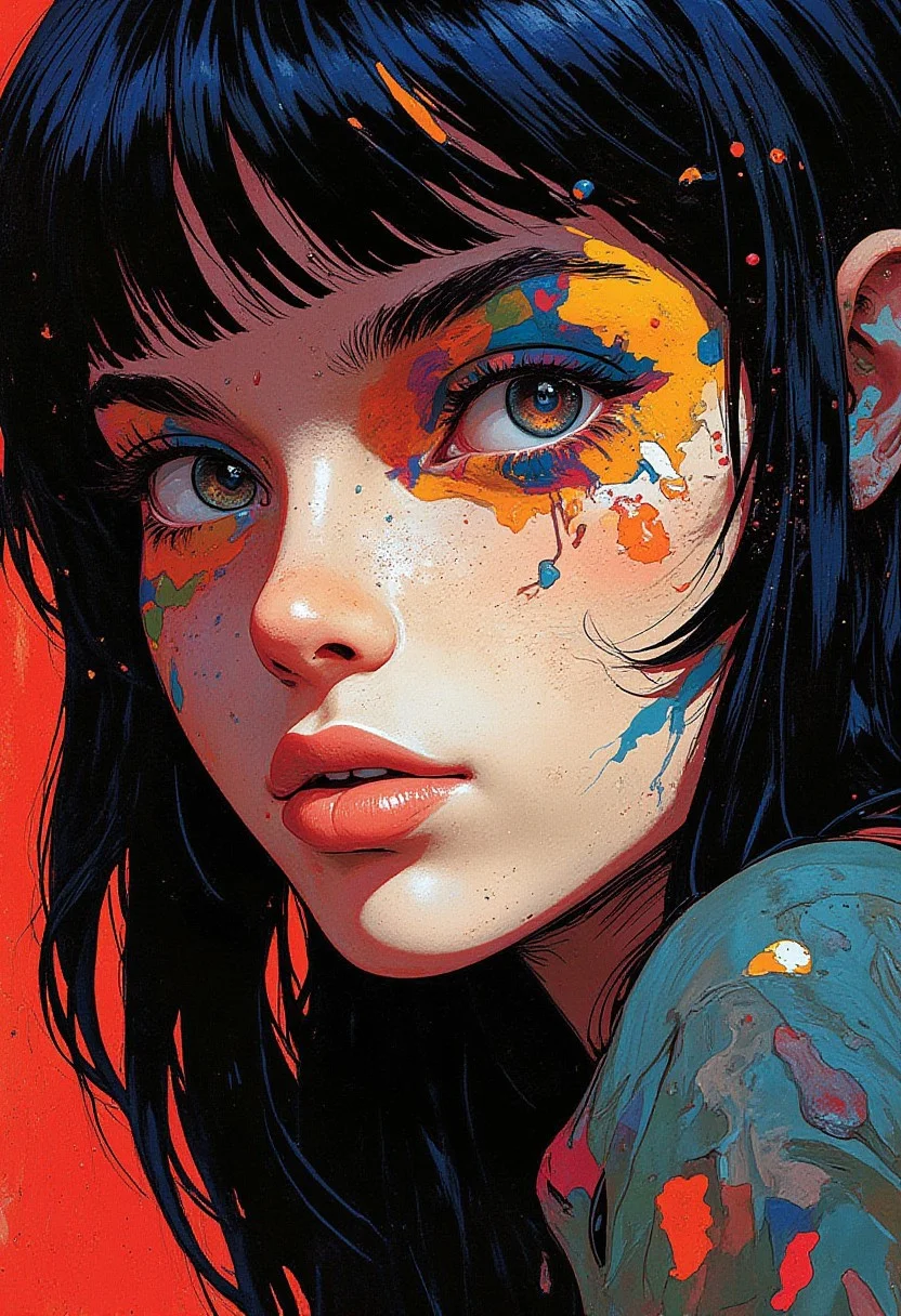 Close-up portrait of a young woman, with a complex, stylized appearance. Her skin tone is light, and her features are accentuated by bold makeup, including vibrant orange and yellow accents around the eyes, and multi-colored lips. Her expression is intense, with eyes that convey a blend of mystery and vulnerability. The woman's hair is long and dark, rendered with visible brushstrokes, giving a sense of movement and texture. Her pose is slightly angled, gazing off to the side. The overall style is graphic and painterly, suggestive of a comic book or graphic novel illustration. The colors are rich and saturated, with a contrast between vibrant hues and muted tones. A dynamic blend of color and texture is visible throughout, creating a powerful visual impact. Impressionistic techniques are utilized, adding to the artistic intensity and conveying a sense of energy. The composition is balanced, emphasizing the face and the intense expression within her eyes. The lighting is dramatic, focusing on the face while leaving some parts in shadow, highlighting the stylistic choices of the artist. The background is kept simple and unobtrusive, allowing the subject to be the focal point. The work is rendered in a vibrant, expressive style, creating an air of mystery and anticipation. The piece displays a strong sense of emotion.