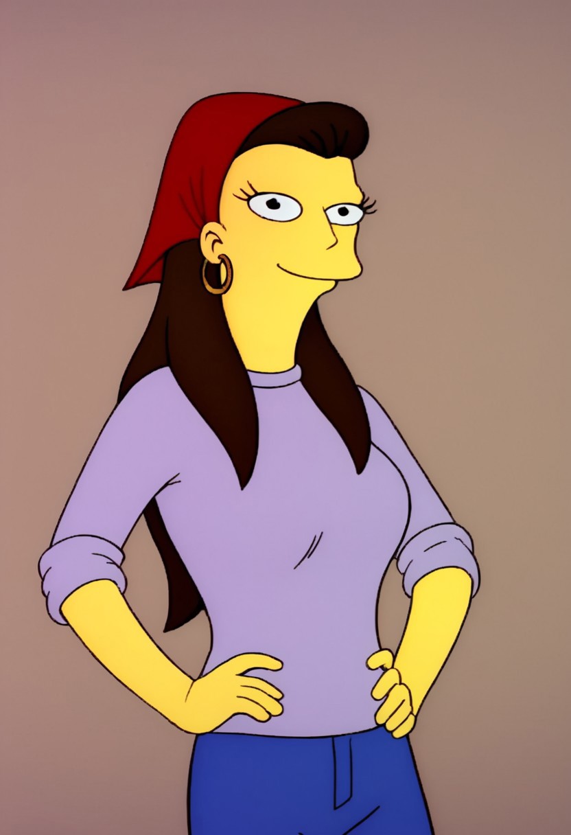 ((bedroom background)),score_9, score_8_up, score_7_up,score_6_up, 
1girl, Solo, RuthP_TS, yellow skin, black eyes, long hair, dark brown hair, red bandana on hair, gold hoop earrings, long-sleeve lavender shirt, blue skinny pants, brown sandals, tall stature, social smile, sexy face, close-up, perfect eyes, perfect smile, looking at the viewer, big breasts, detailed eyes, perfect eyes, cowboyshot, hands on hips, standing, thesimpsons_style