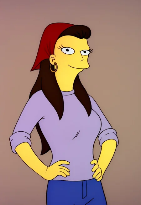 ((bedroom background)),score_9, score_8_up, score_7_up,score_6_up,
1girl, Solo, RuthP_TS, yellow skin, black eyes, long hair, dark brown hair, red bandana on hair, gold hoop earrings, long-sleeve lavender shirt, blue skinny pants, brown sandals, tall stature, social smile, sexy face, close-up, perfect eyes, perfect smile, looking at the viewer, big breasts, detailed eyes, perfect eyes, cowboyshot, hands on hips, standing, thesimpsons_style