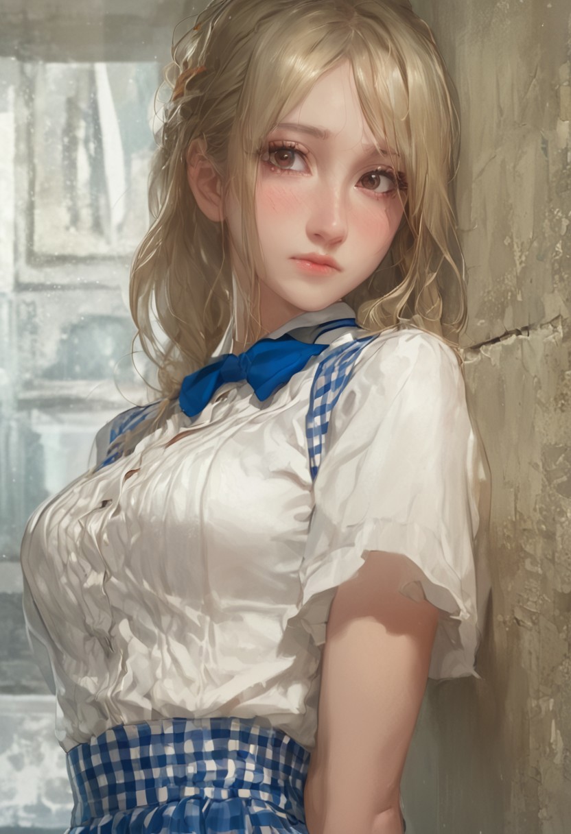 score_9, score_8_up, score_7_up, score_6_up, 
1girl, 18 years old, brown eyes, blonde hair, 
perfect beautiful face, shy, 
medium large breasts, 
majicmix_style, kobeya uniform, stripteasing, 
blue skirt, blue neckwear, 
<lora:kobeya_Pony_v1:0.7>
