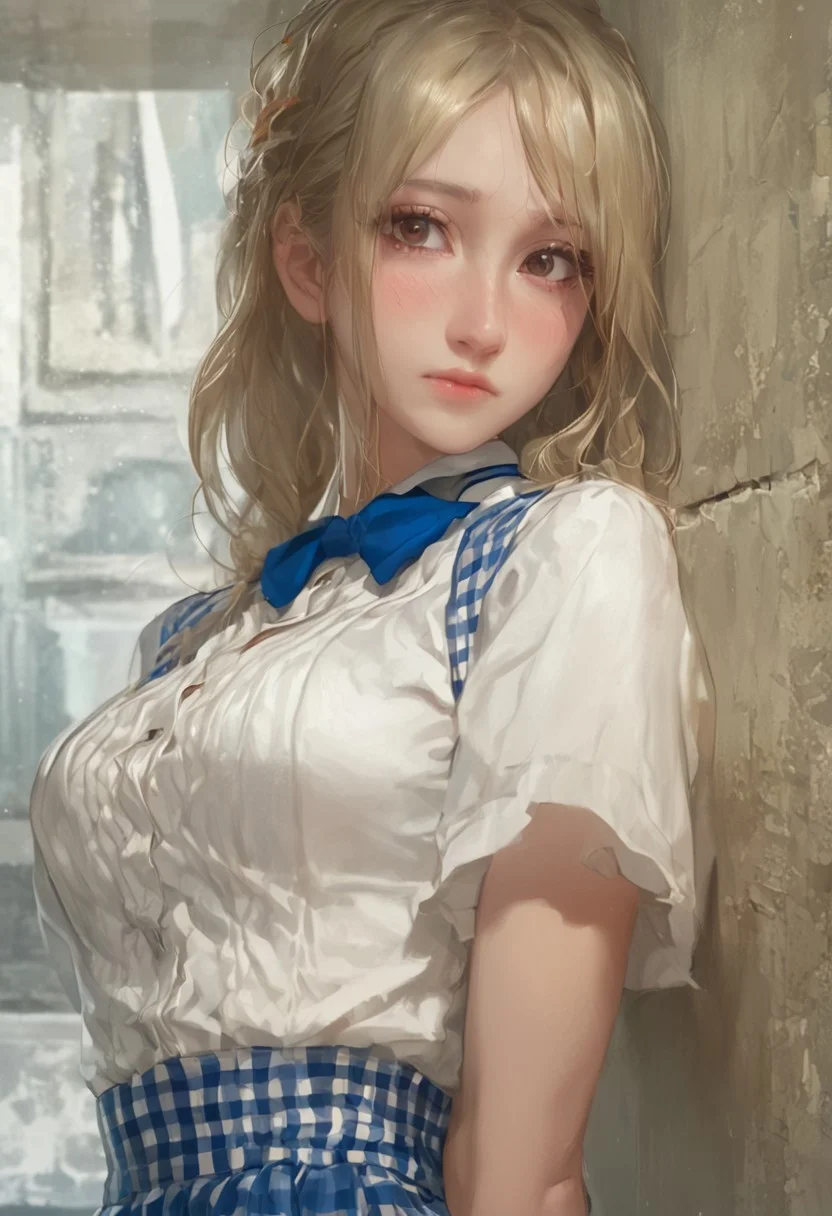 score_9, score_8_up, score_7_up, score_6_up, 
1girl, 18 years old, brown eyes, blonde hair, 
perfect beautiful face, shy, 
medium large breasts, 
majicmix_style, kobeya uniform, stripteasing, 
blue skirt, blue neckwear, 
<lora:kobeya_Pony_v1:0.7>
