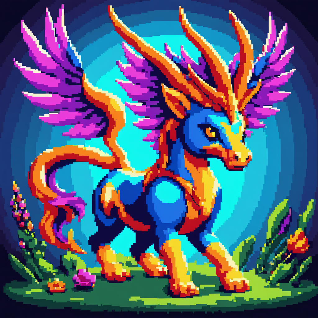 pixel-art pixelartlora . low-res, blocky, pixel art style, 8-bit graphics, pixelartlora,Mythical Creature Portrait, Fantastical, detailed textures, dramatic lighting, vibrant colors, magical
