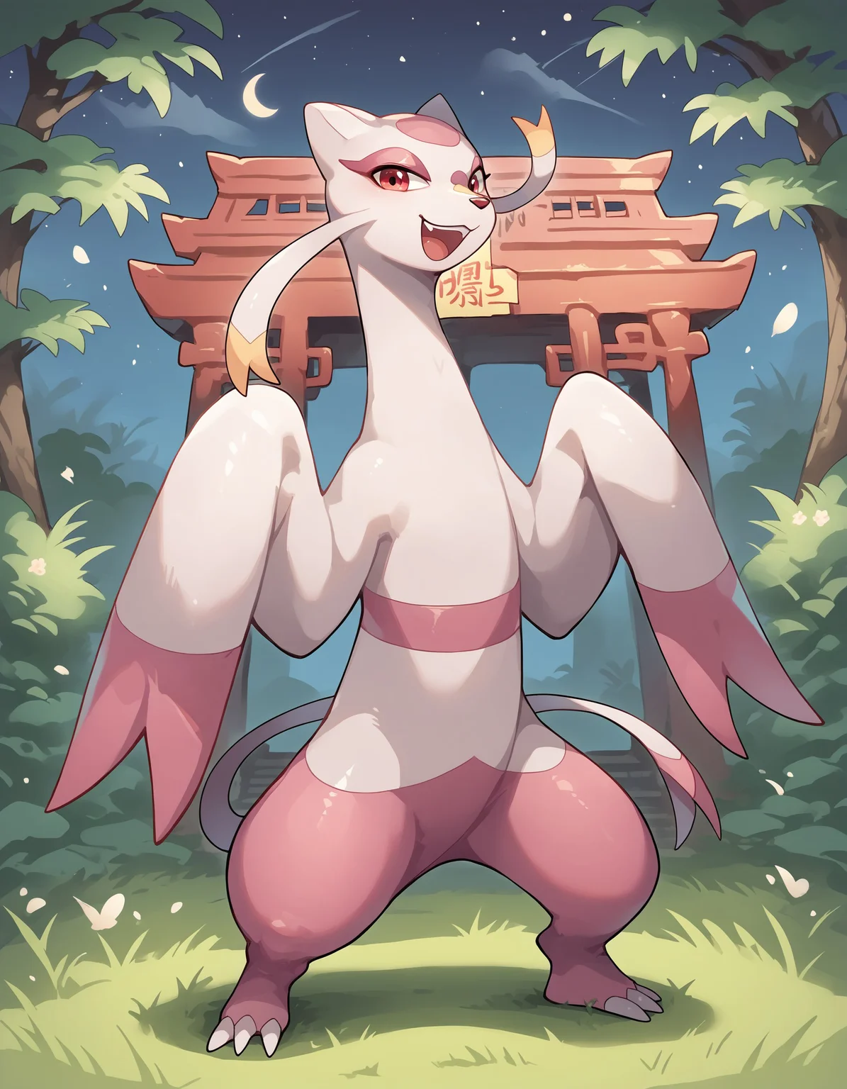 score_9, score_8_up, score_7_up, MienXL, pokemon \(creature\), (solo), full body, multicolored skin, pink skin, looking at viewer, chinese temple, nature, grass, night, smile, open mouth, standing, <lora:cefaa866-a58e-40ba-a219-79ab392f7d60:1.0>, <lora:00a14dbf-39f1-49fa-863a-53c2f420df5f:0.9>