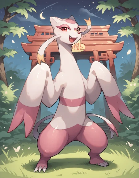 score_9, score_8_up, score_7_up, MienXL, pokemon \(creature\), (solo), full body, multicolored skin, pink skin, looking at viewer, chinese temple, nature, grass, night, smile, open mouth, standing, <lora:cefaa866-a58e-40ba-a219-79ab392f7d60:1.0>, <lora:00a14dbf-39f1-49fa-863a-53c2f420df5f:0.9>