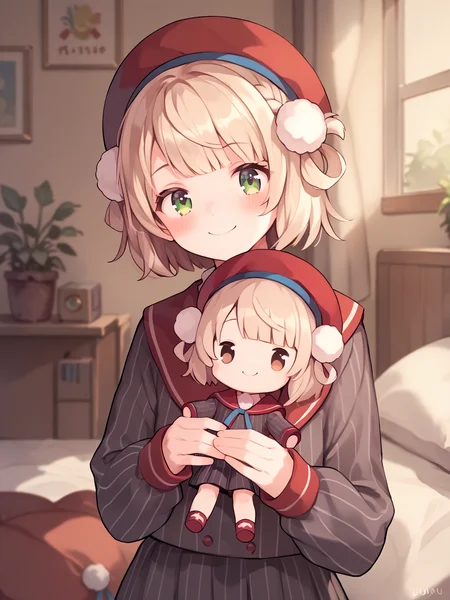 score_9, score_8_up, score_7_up, score_6_up, source_anime,
<lora:shigure-uimm.pony:1>, uimm, def, beret, happy, light smile,
<lora:holding_fufu_doll_pony_d16:1>, holding character doll, hugging doll, bedroom, (computer:0.5),