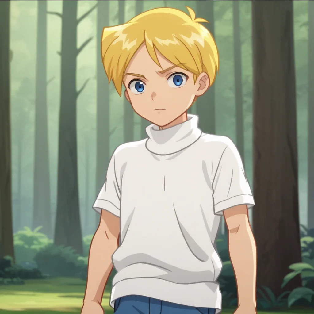 score_8_up,score_7_up, BREAK, screencap, source_anime , 1boy, solo, Norman, short hair, blue eyes, blonde hair, <lora:Norman_TotallySpies_XL_Leaf1:1>, short sleeves, white turtleneck sweater, cowboy shot, forest, looking at viewer,