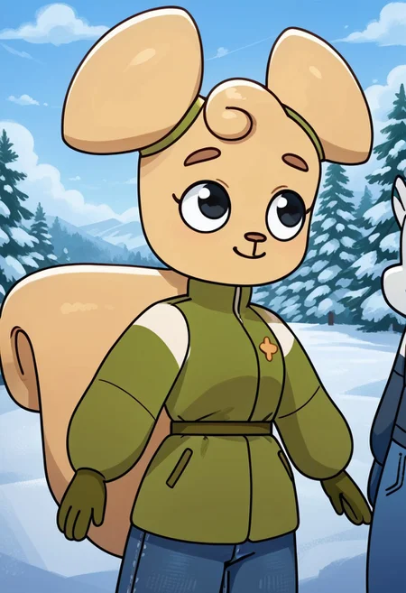 score_9, score_8_up, score_7_up, source_cartoon, 1girl, solo, female, Ruby, squirrel, furry, anthro, beige fur, brown eyebrows, beige haircut, two ponytails, black eyes, eyelashes, squirrel head, no ears, brown nose, small nose, squirrel tail, big tail, four fingers on arms, furry body, green winter jacket, mittens, jeans, looking up, smile, smiling, happy, lidded eyes, front view, angle, standing, high quality, high resolution, photorealism, outdoors, snowy day