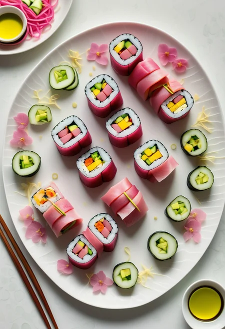 Playful Assortment of Futomaki Sushi Rolls, Layers of Vibrant Pink Tuna, Yellow Tamago, and Green Cucumber, Neatly Arranged in a Symmetrical Pattern, Set on a Bright White Plate with Scattered Pickled Ginger Petals and Soy Sauce Brush Strokes, Creating a Festive and Colorful Display
