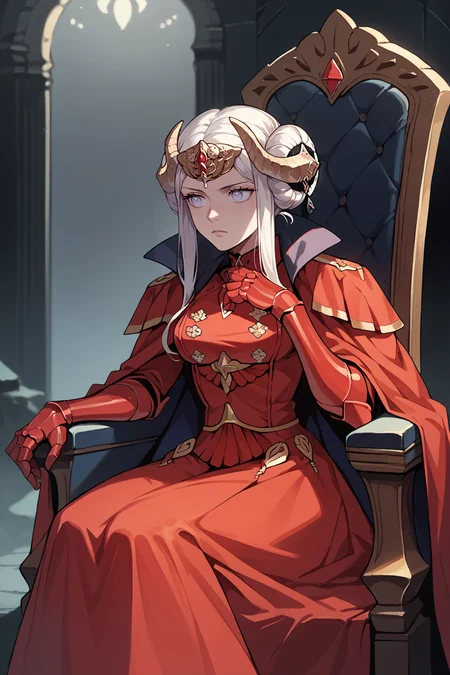 score_9, score_8_up, score_7_up, score_6_up, source_anime, BREAK 1girl, solo <lora:edelgard-pdxl-nvwls-v1:1> warEdel, double bun, fake horns, short hair, tiara, red dress, red cape, red gauntlets, long dress, expressionless, empty eyes, sitting, throne, dark room, darkness
