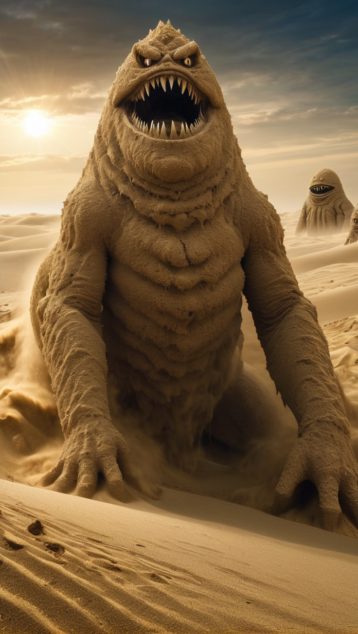 <lora:é²åä¸æ´¾@å¥å¹»ä¸çXL:1>,Sand Monsters,Giant Monster Forms Formed by Sand Grains,Unsettling Atmosphere,Full Body,High Detail,Ultra High Resolution,32K UHD,Best Quality,Masterpiece,