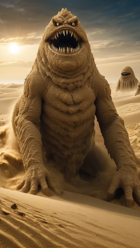 <lora:é²å䏿´¾@å¥å¹»ä¸çXL:1>,Sand Monsters,Giant Monster Forms Formed by Sand Grains,Unsettling Atmosphere,Full Body,High Detail,Ultra High Resolution,32K UHD,Best Quality,Masterpiece,