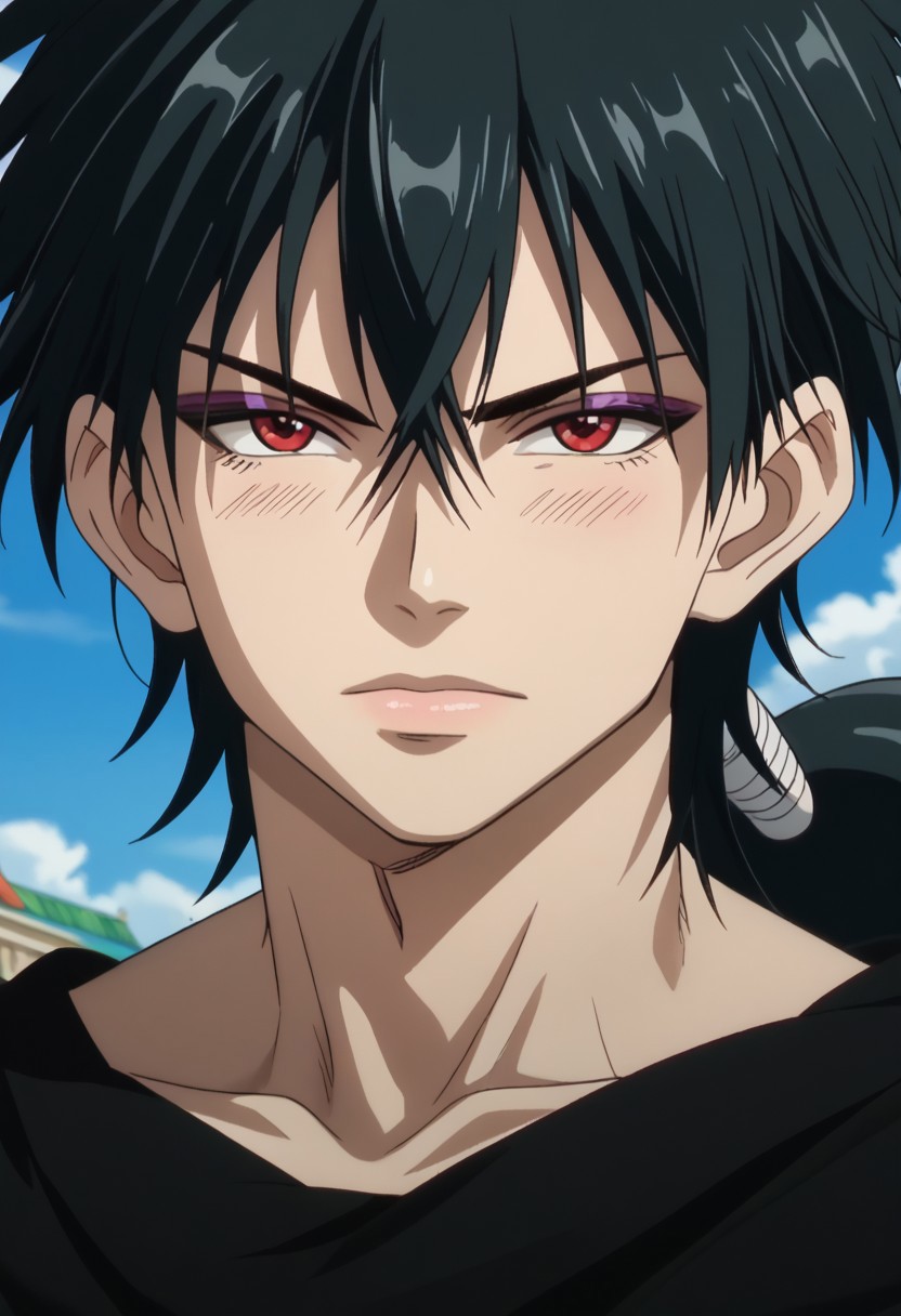 score_9, score_8_up, score_7_up, source_anime, rating_safe, JudarMAGI, black_Judar_hair braid, red_Judar_eye, juder_makeup, 1boy, male focus, anime screencap,