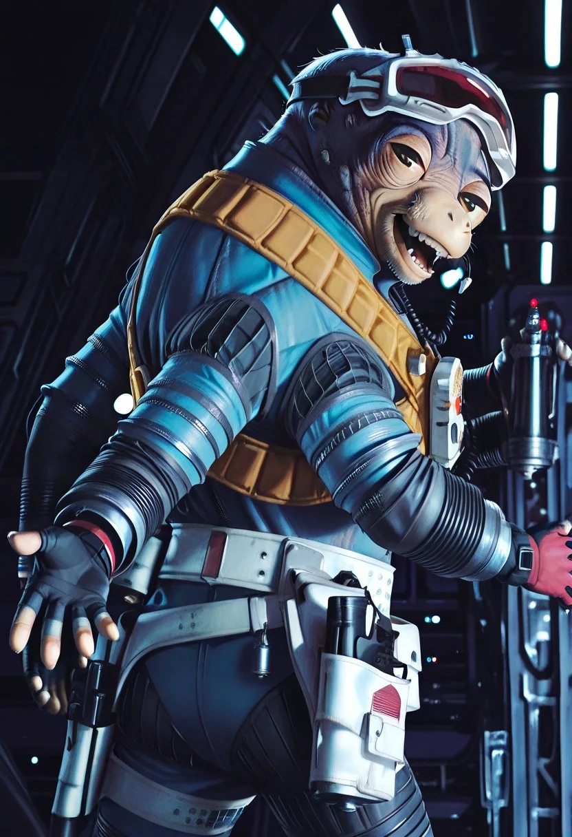 score_9, score_8_up, score_7_up, score_6_up, score_5_up, score_4_up, masterpiece, high quality, realistic, detailed, best quality, solo, rating_safe, source_furry, SWS_Rio_Durant, Ardennian, furry male, male focus, 1boy, humanoid, simian-like, fur-covered body, expressive eyes, dark sclera, brown irises, round black pupils, nostrils, facial hair, bald, ears, lips, blue and tan fur, tan countershading, muscular, four arms, five fingers on hands, grey fingernails, open mouth, white teeth, blue and black flight suit, cable, orange vest, white utility belt, holstered blaster, red-tinted flying goggles, goggles on head, fingerless gloves, <lora:looking-back-reaching-towards-viewer-illustriousxl-lora-nochekaiser:1>, looking back reaching towards viewer, looking at viewer, smile, looking back, teeth, reaching towards viewer, beach, half-closed eyes, cowboy shot, cockpit