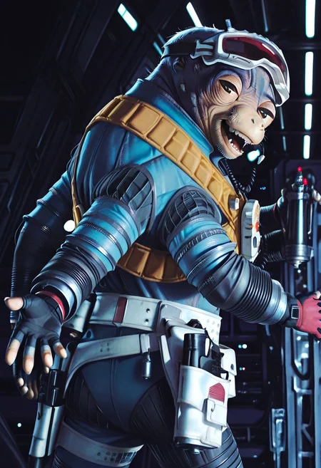 score_9, score_8_up, score_7_up, score_6_up, score_5_up, score_4_up, masterpiece, high quality, realistic, detailed, best quality, solo, rating_safe, source_furry, SWS_Rio_Durant, Ardennian, furry male, male focus, 1boy, humanoid, simian-like, fur-covered body, expressive eyes, dark sclera, brown irises, round black pupils, nostrils, facial hair, bald, ears, lips, blue and tan fur, tan countershading, muscular, four arms, five fingers on hands, grey fingernails, open mouth, white teeth, blue and black flight suit, cable, orange vest, white utility belt, holstered blaster, red-tinted flying goggles, goggles on head, fingerless gloves, <lora:looking-back-reaching-towards-viewer-illustriousxl-lora-nochekaiser:1>, looking back reaching towards viewer, looking at viewer, smile, looking back, teeth, reaching towards viewer, beach, half-closed eyes, cowboy shot, cockpit
